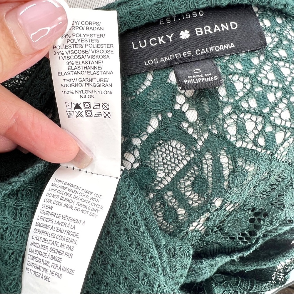 Lucky Brand Pine Grove Green Lace Mixed Thermal Long Sleeve Top Boatneck Hi-Low - Picture 7 of 7